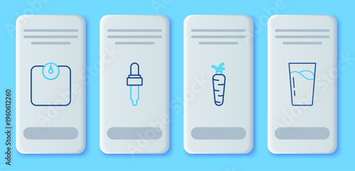 Set line Pipette with oil, Carrot, Bathroom scales and Glass water icon. Vector