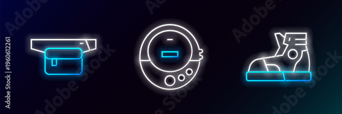 Set line Sport sneakers, Waist bag of banana and Music CD player icon. Glowing neon. Vector