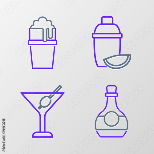 Set line Bottle of cognac or brandy, Martini glass, Cocktail shaker with lime and Glass beer icon. Vector