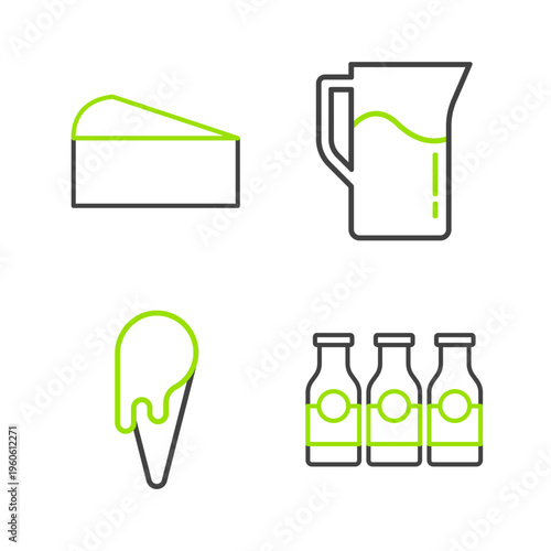 Set line Bottle with milk, Ice cream in waffle cone, Milk jug or pitcher and Cheese icon. Vector