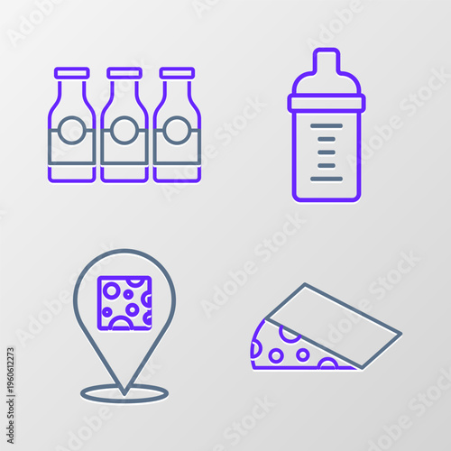 Set line Cheese, Baby milk in a bottle and Bottle with icon. Vector