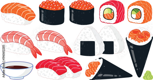 Hand drawn sushi and onigiri illustration set 