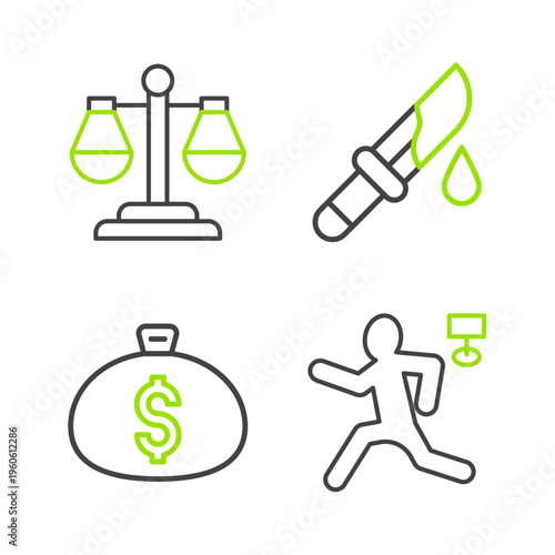 Set line Murder, Money bag, Bloody knife and Scales of justice icon. Vector