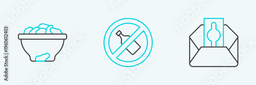 Set line Donate or pay your zakat, Date fruit in bowl and No alcohol icon. Vector