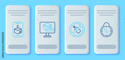 Set line Kaaba mosque, No alcohol, Star and crescent and Qibla icon. Vector