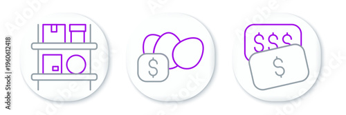Set line New price tag dollar, Warehouse interior with boxes and Price for egg icon. Vector