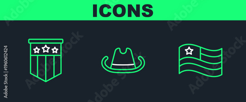 Set line American flag, and Western cowboy hat icon. Vector