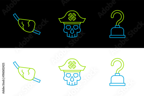 Set line Pirate hook, eye patch and captain icon. Vector