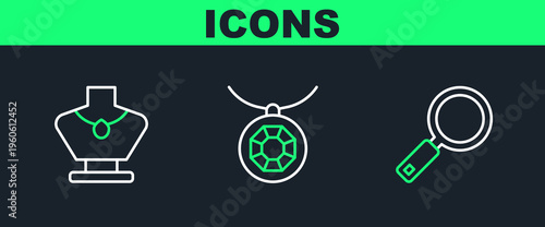 Set line Magnifying glass, Necklace on mannequin and Pendant necklace icon. Vector