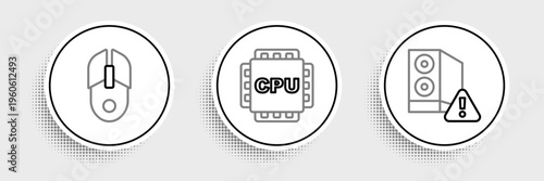 Set line Case of computer, Computer mouse and Processor with CPU icon. Vector
