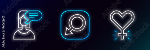 Set line Feminism, Female opinion and Male gender icon. Glowing neon. Vector