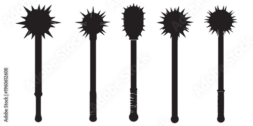 Medieval morning star mace weapon collection silhouette set eps 10
