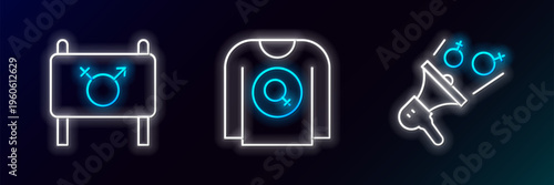 Set line Feminist activist, and shirt icon. Glowing neon. Vector