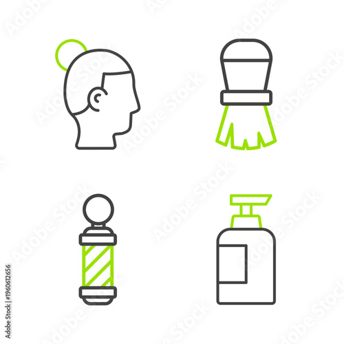 Set line Bottle of shampoo, Classic Barber shop pole, Shaving brush and Hairstyle for men icon. Vector