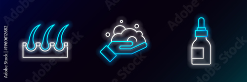 Set line Oil bottle, Human hair follicle and Shaving foam on hand icon. Glowing neon. Vector