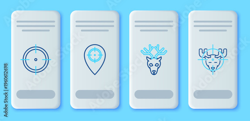 Set line Hunt place, Deer head with antlers, Target sport for shooting competition and moose crosshairs icon. Vector