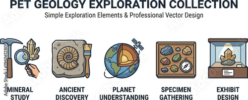 A set of five geology exploration icons depicts mineral study, ancient discovery, planet understanding, specimen gathering, and exhibit design.