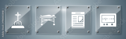Set Beat dead in monitor, Obituaries, Dead body in the morgue and Grave with cross. Square glass panels. Vector