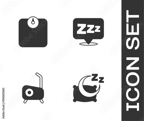 Set Time to sleep, Bathroom scales, Stationary bicycle and Sleepy icon. Vector