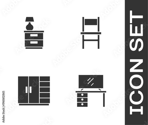 Set TV table stand, Furniture nightstand with lamp, Wardrobe and Chair icon. Vector