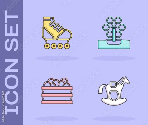 Set Horse in saddle swing, Roller skate, Pool with balls and Ferris wheel icon. Vector