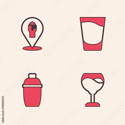 Set Wine glass, Alcohol or beer bar location, Shot and Cocktail shaker icon. Vector