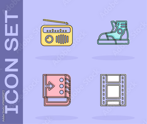 Set Play Video, Radio with antenna, Sound mixer controller and Sport sneakers icon. Vector