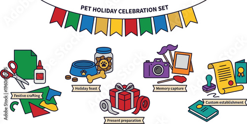 A flat lay arrangement displays various illustrated items necessary for pet holiday celebration preparation, including crafting and gifting supplies.
