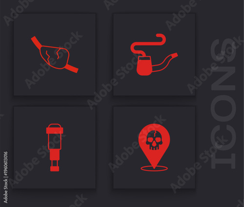 Set Location pirate, Pirate eye patch, Smoking pipe and Spyglass telescope lens icon. Vector