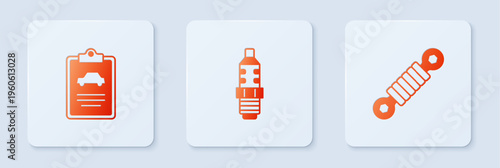 Set Car spark plug, inspection and Shock absorber. White square button. Vector
