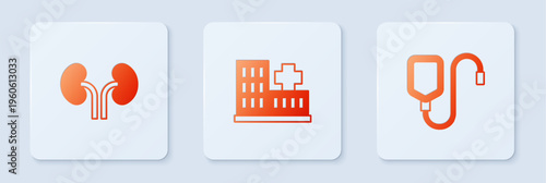 Set Hospital building, Human kidneys and IV bag. White square button. Vector