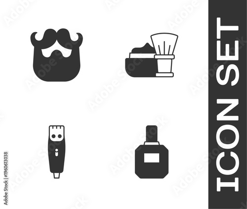 Set Aftershave, Mustache and beard, Hair clipper and Shaving brush with foam icon. Vector