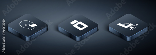 Set Isometric Mustache and beard, Barbershop chair and Aftershave icon. Vector