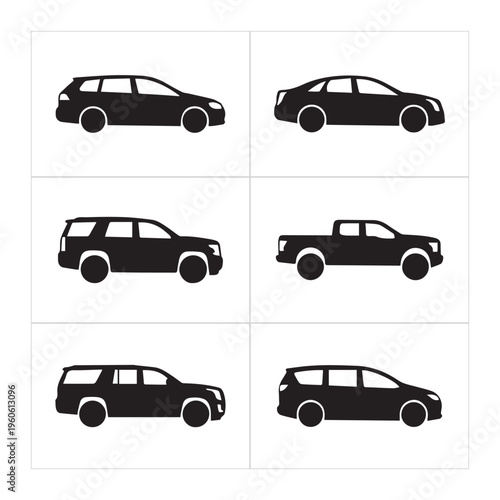A collection of six distinct black silhouette car icons displayed in a uniform grid on white back
