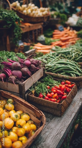 Organic produce display at farmers market with colorful fruits and vegetables close up view