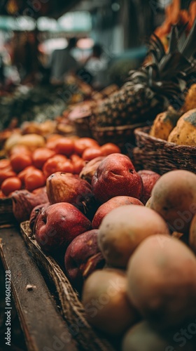 Organic produce display at farmers market with colorful fruits and vegetables close up view