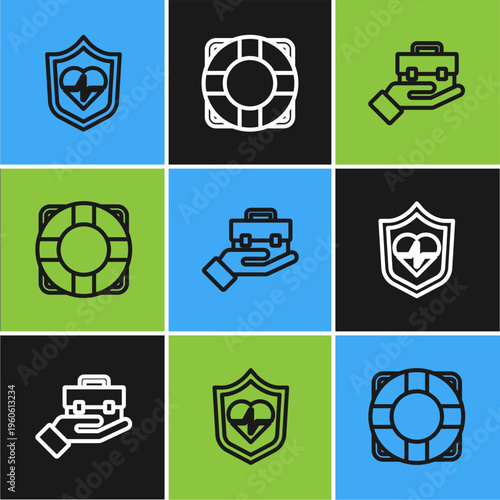 Set line Life insurance with shield, Hand holding briefcase and Lifebuoy icon. Vector