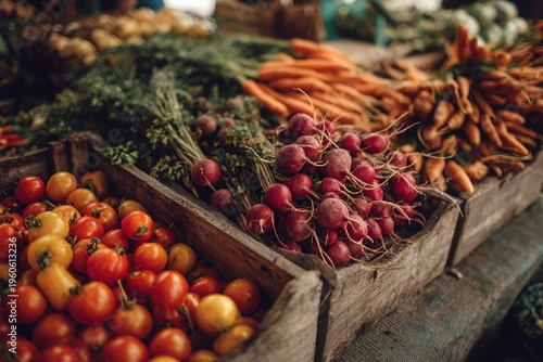 Organic produce display at farmers market with colorful fruits and vegetables close up view