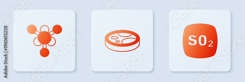 Set Petri dish with bacteria, Molecule and Sulfur dioxide SO2. White square button. Vector