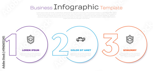 Set line Graduation cap with shield, Car and Piggy bank. Business infographic template. Vector