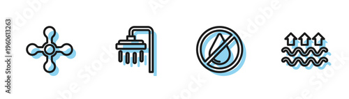 Set line Water drop forbidden, tap, Shower and Waves of water and evaporation icon. Vector