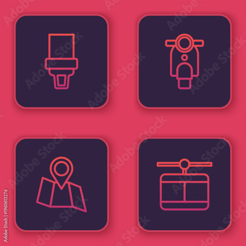 Set line Safety belt, Folded map with location, Scooter and Cable car. Blue square button. Vector
