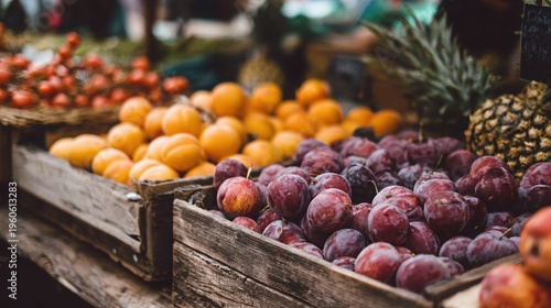 Organic produce display at farmers market with colorful fruits and vegetables close up view