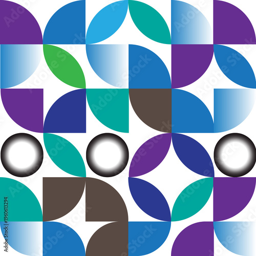 Complex geometric mosaic pattern with colorful gradients and circular elements including purple teal and blue hues creates vibrant artistic backdrop for creative media or digital marketing assets