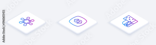 Set Isometric line Hexagram sheriff, Dollar symbol and Burger. White square button. Vector