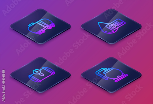 Set Isometric line Oil railway cistern, Gas tank for vehicle, drop and storage. Blue square button. Vector