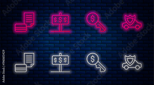 Set line House with dollar, Rent key, Credit card and Car shield. Glowing neon icon on brick wall. Vector