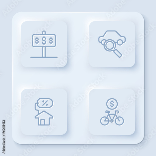 Set line House with dollar, Car sharing, percant and Bicycle rental mobile app. White square button. Vector