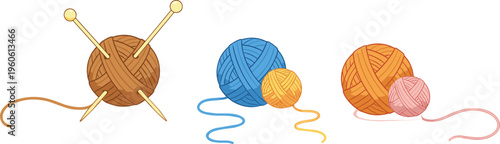 Cartoon yarn balls with knitting needles in colorful vector illustration of textile, craft, and handmade hobby