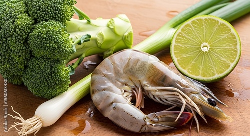 Raw Shrimp, Broccoli, and Spring Onions fresh seafood preparation with lime wedge on a wooden cutting board